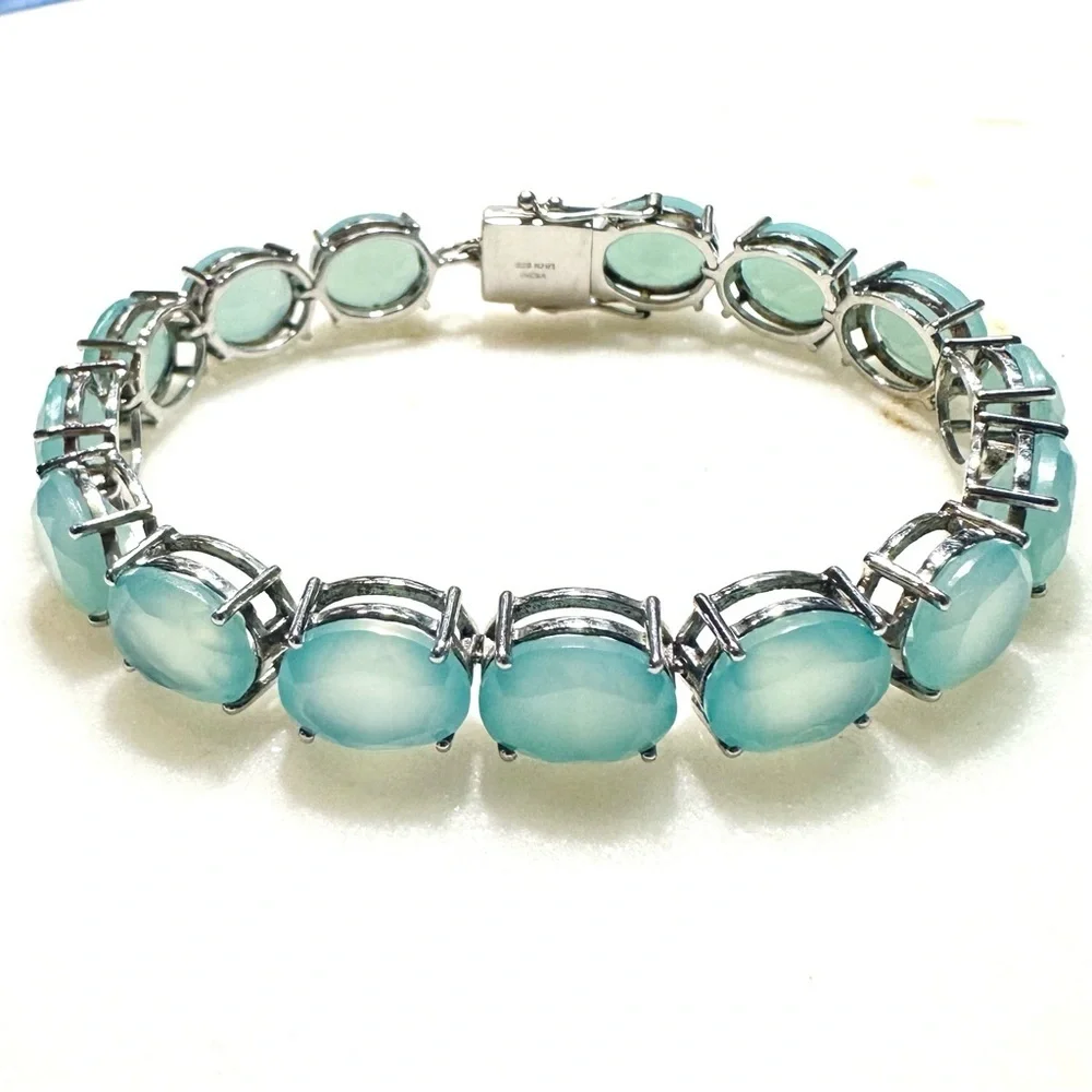 Oval Faceted Aqua Blue Chalcedony Sterling Silver Line Tennis Bracelet 12mm